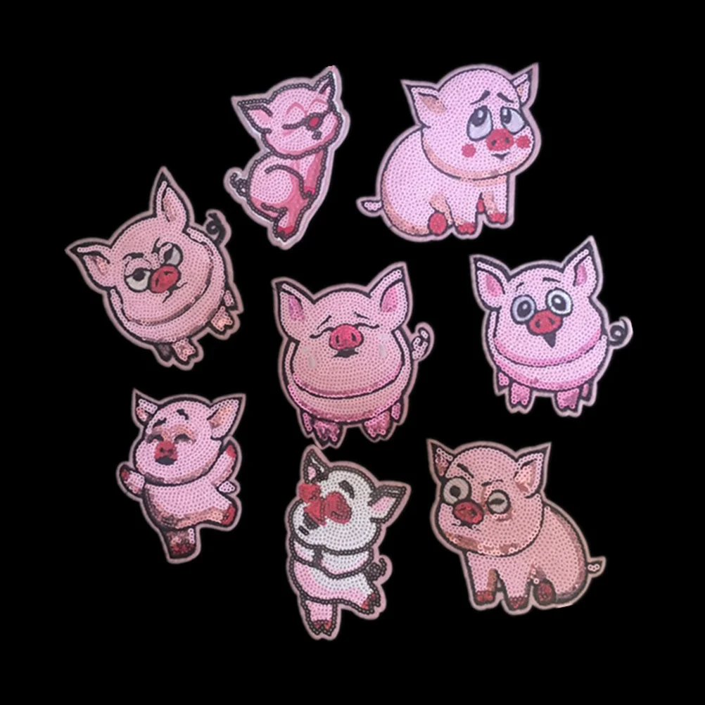 8 Pcs Sequin Motif Applique Sewing Patches Clothing Patch Cartoon Shaped Pig Assorted Size Decoration Sew Patches for DIY Jeans