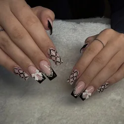 24pcs Long Coffin Ballet Fake Nails Black Edge French White Bowknots Decor Press On Nails Sweet Cool False Nail For Women