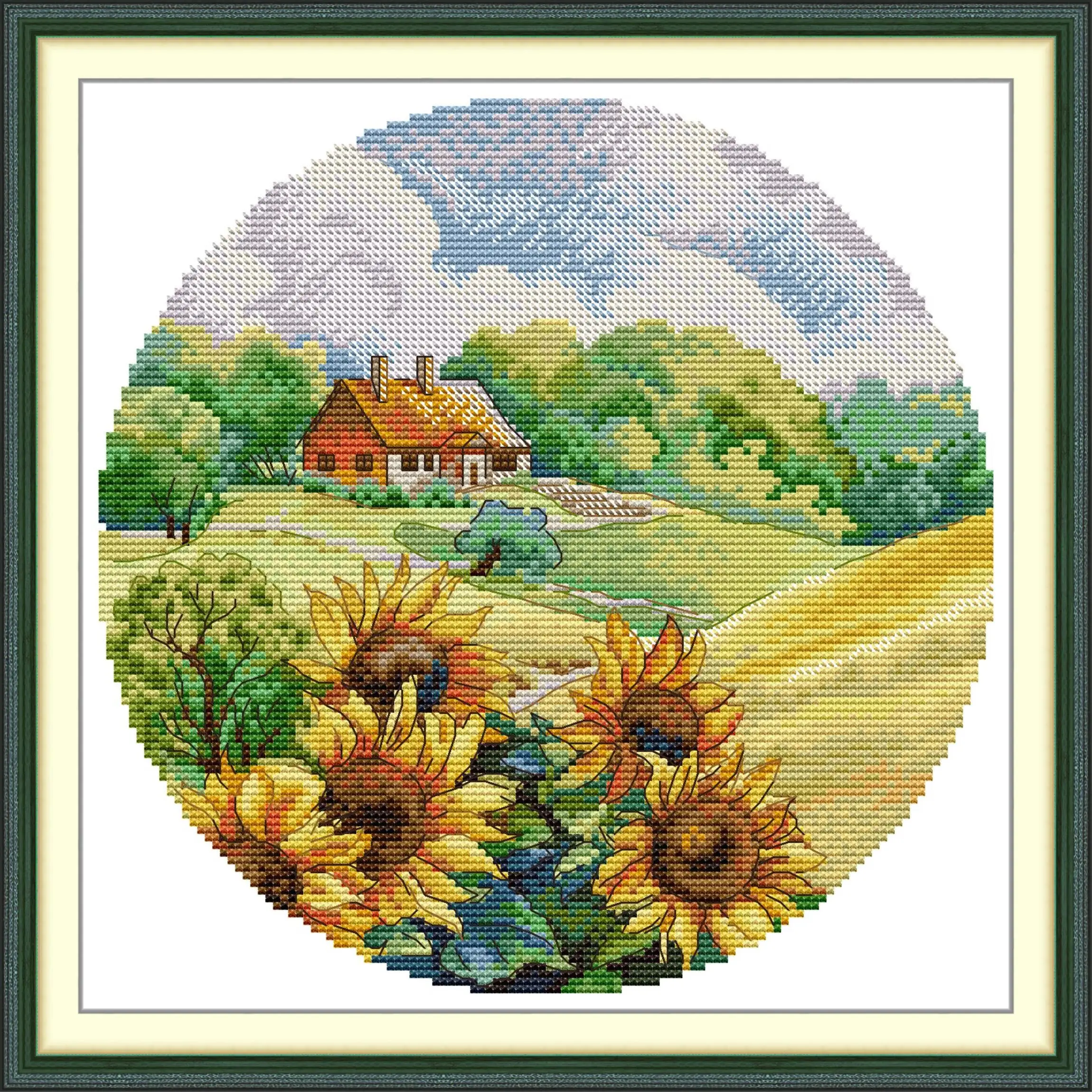 

Soulgift News Pre-Printed Cross Stitch Kit, Stamped Aida Fabric with DMC Threads, Embroidery Kit - Sunflower Cottage