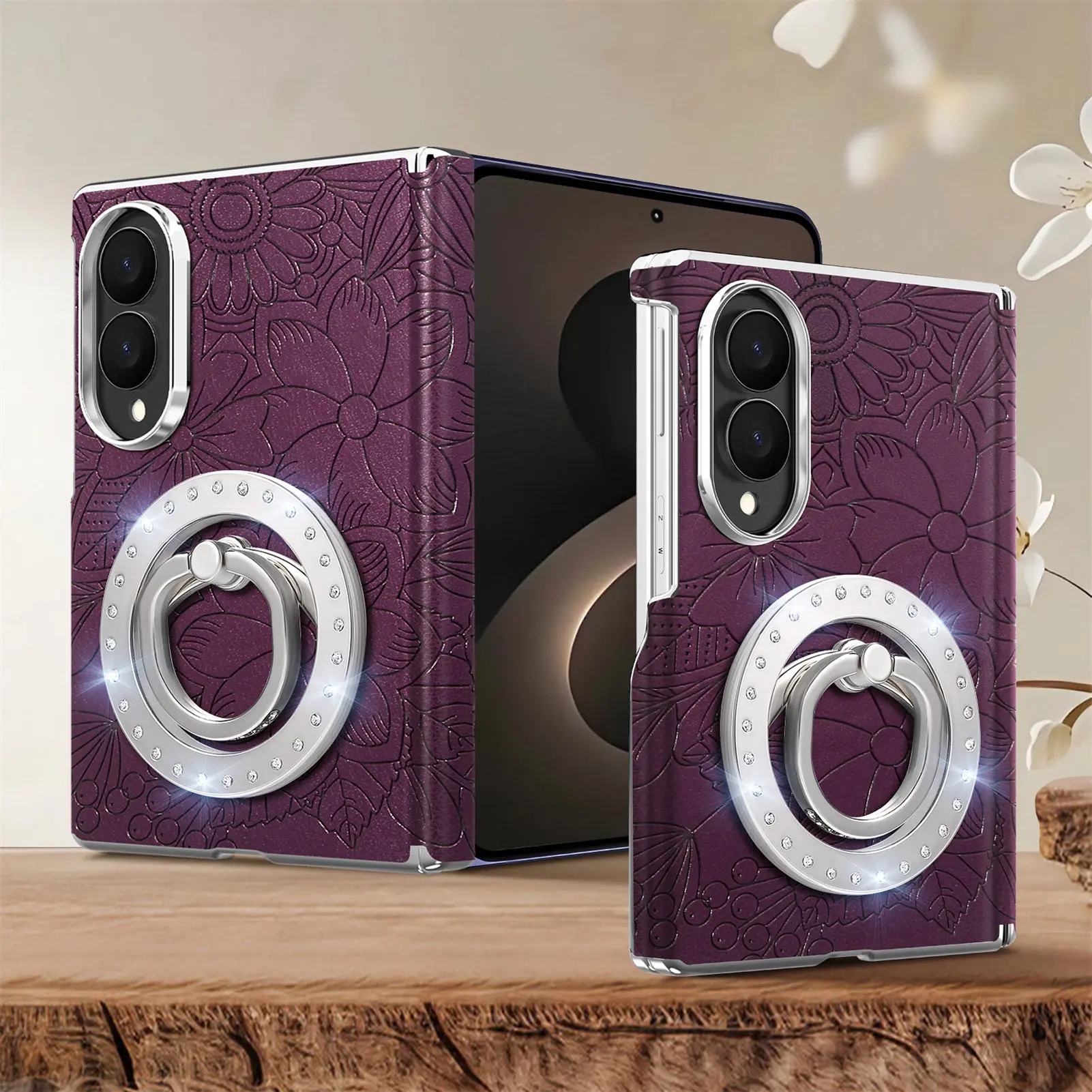 For Samsung Galaxy Z Fold 8 Wide Embossed Floral Leather Case Dual-axis Ring Holder Magnetic Shockproof Cover Phone Shell