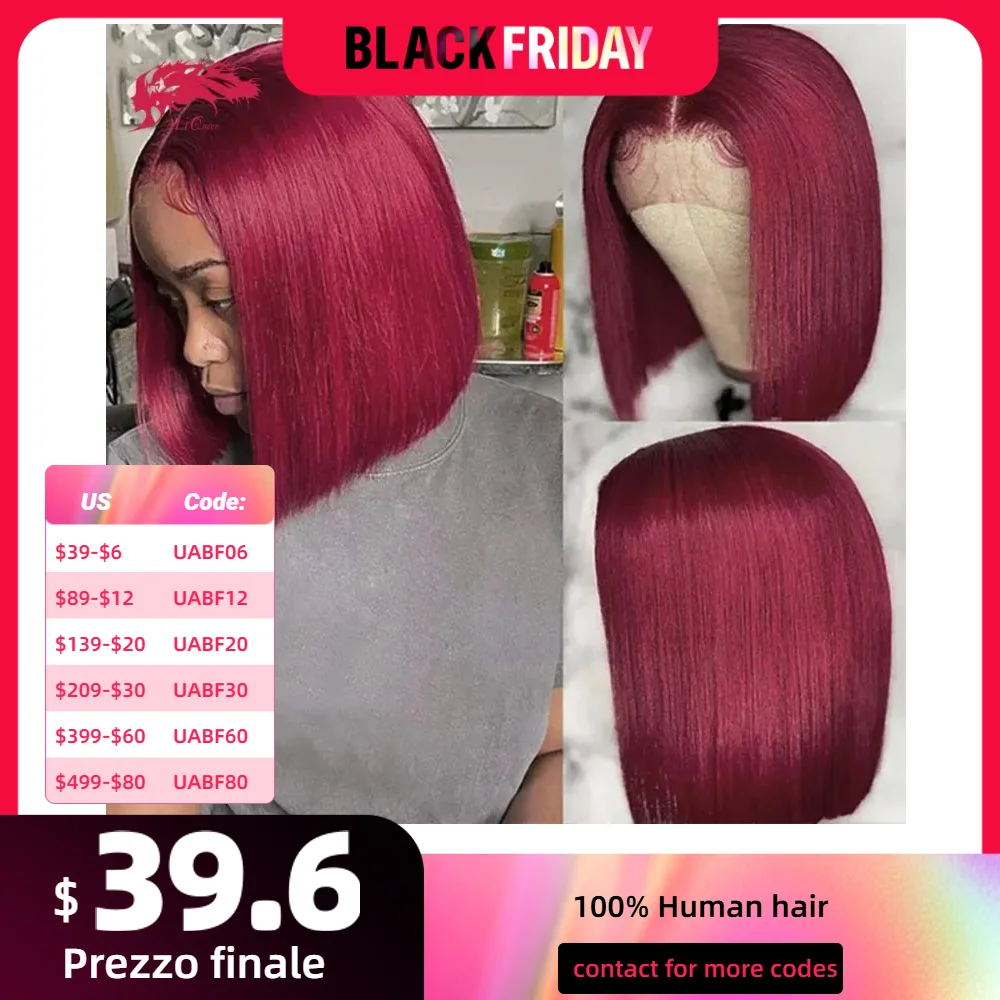 Ali Queen 13x4 Short Bob Wigs 99J Color 180% Density Transparent Lace Pre Plucked Human Hair Lace Front Bob Wigs For Women