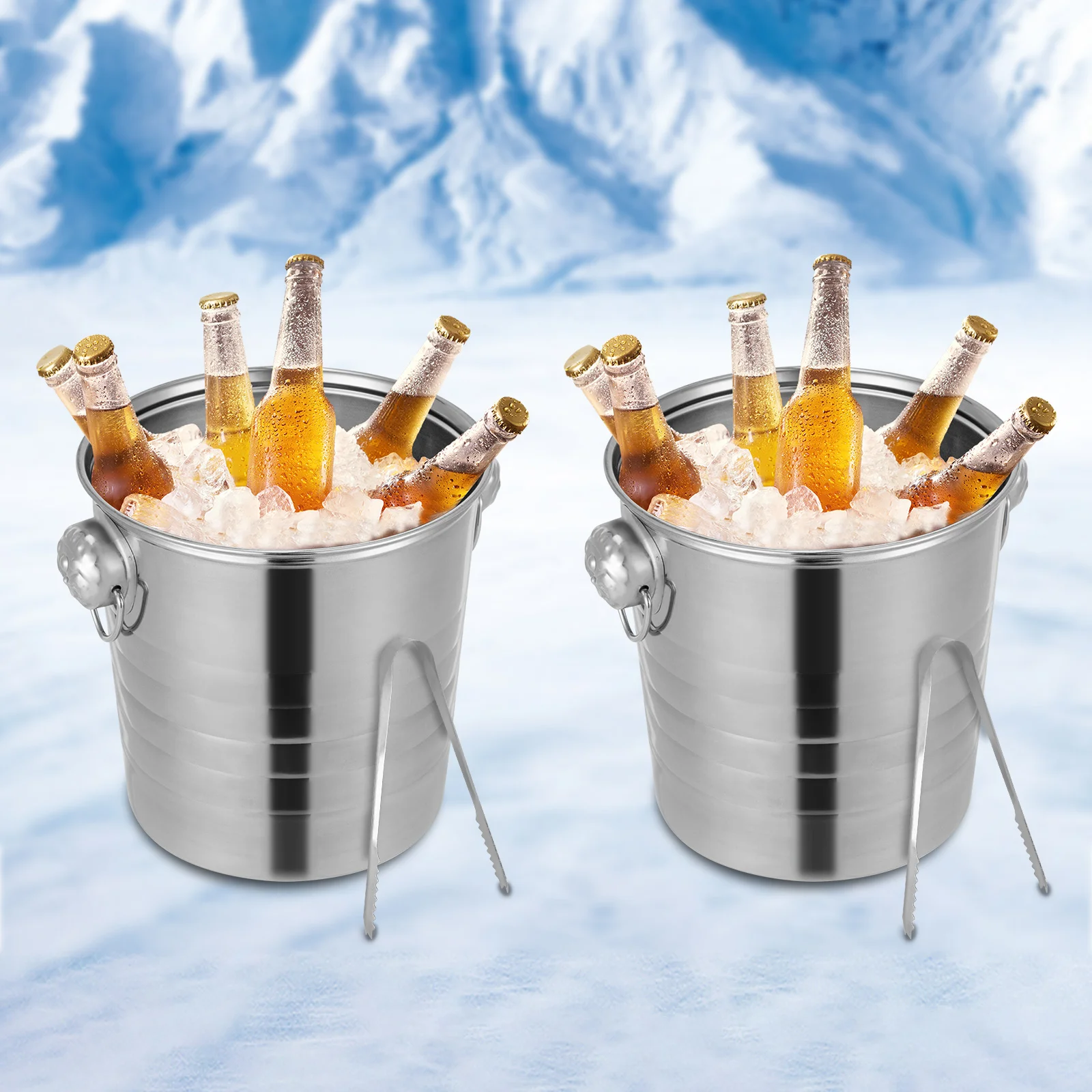 

2Pcs Stainless Steel Ice Bucket, 5L/1.32gal Cylindrical Ice Bucket with Ice Tongs for Home Gathering Party