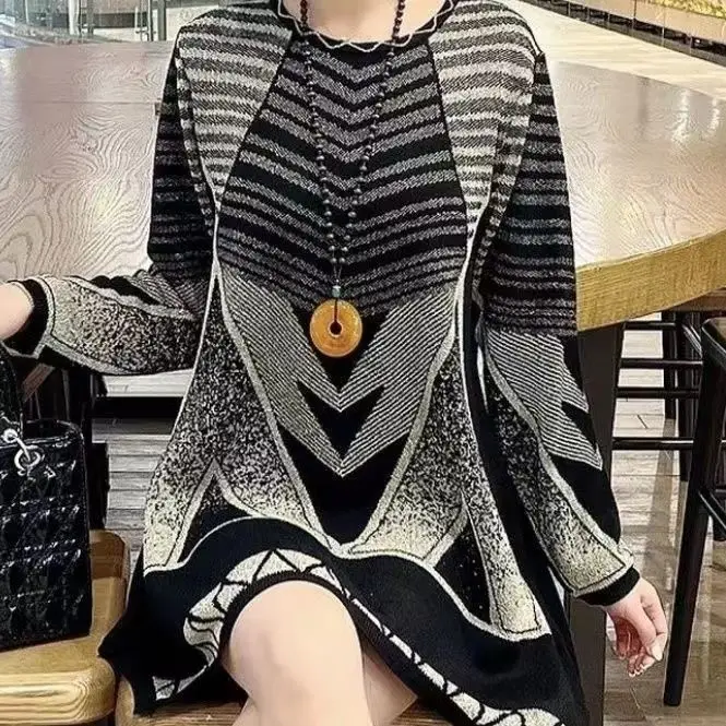 New Mid-Length round Ne Knitted Geometric Sweater Autumn Winter Belly Cover Slimming Versatile Casual Woolen Knitwear