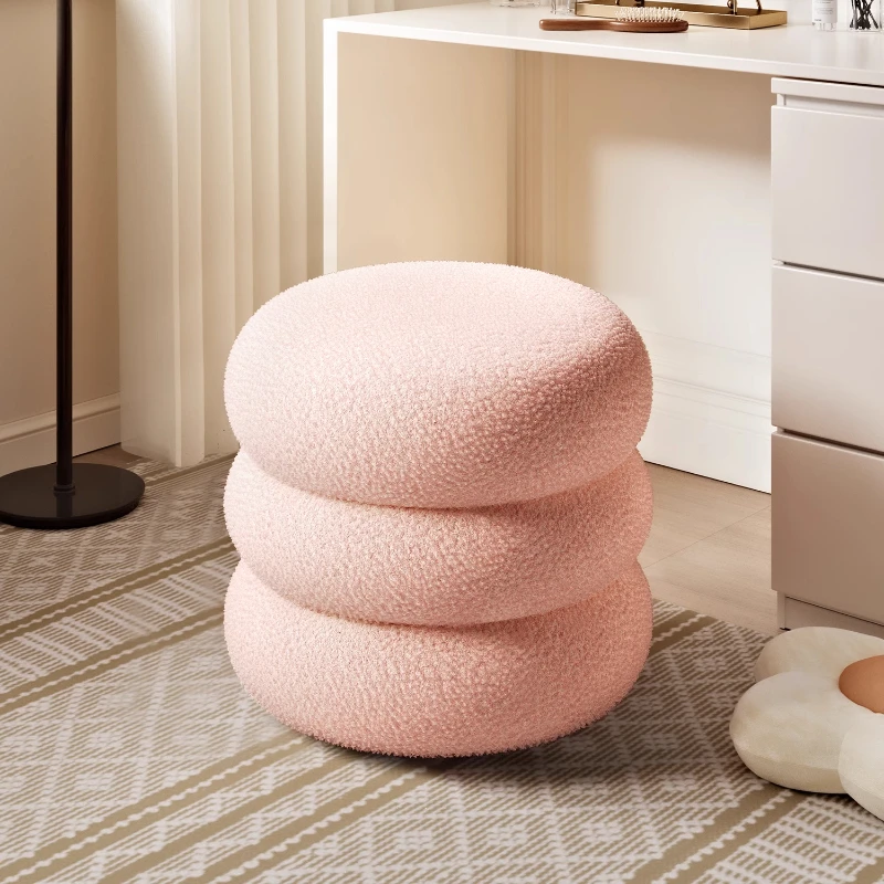 F52 Pink Caterpillar Stool, Round Dressing Stool, Lamb Fleece Soft Seat, Solid Wood Frame, Comfortable Bench for Bedroom