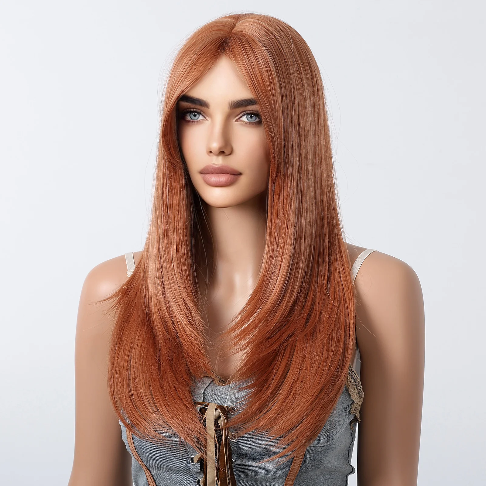 Light Orange Brown Long Straight Synthetic Women\'s Wigs Side Bangs Layered for Women Natural Daily Heat Resistant Fiber Wigs