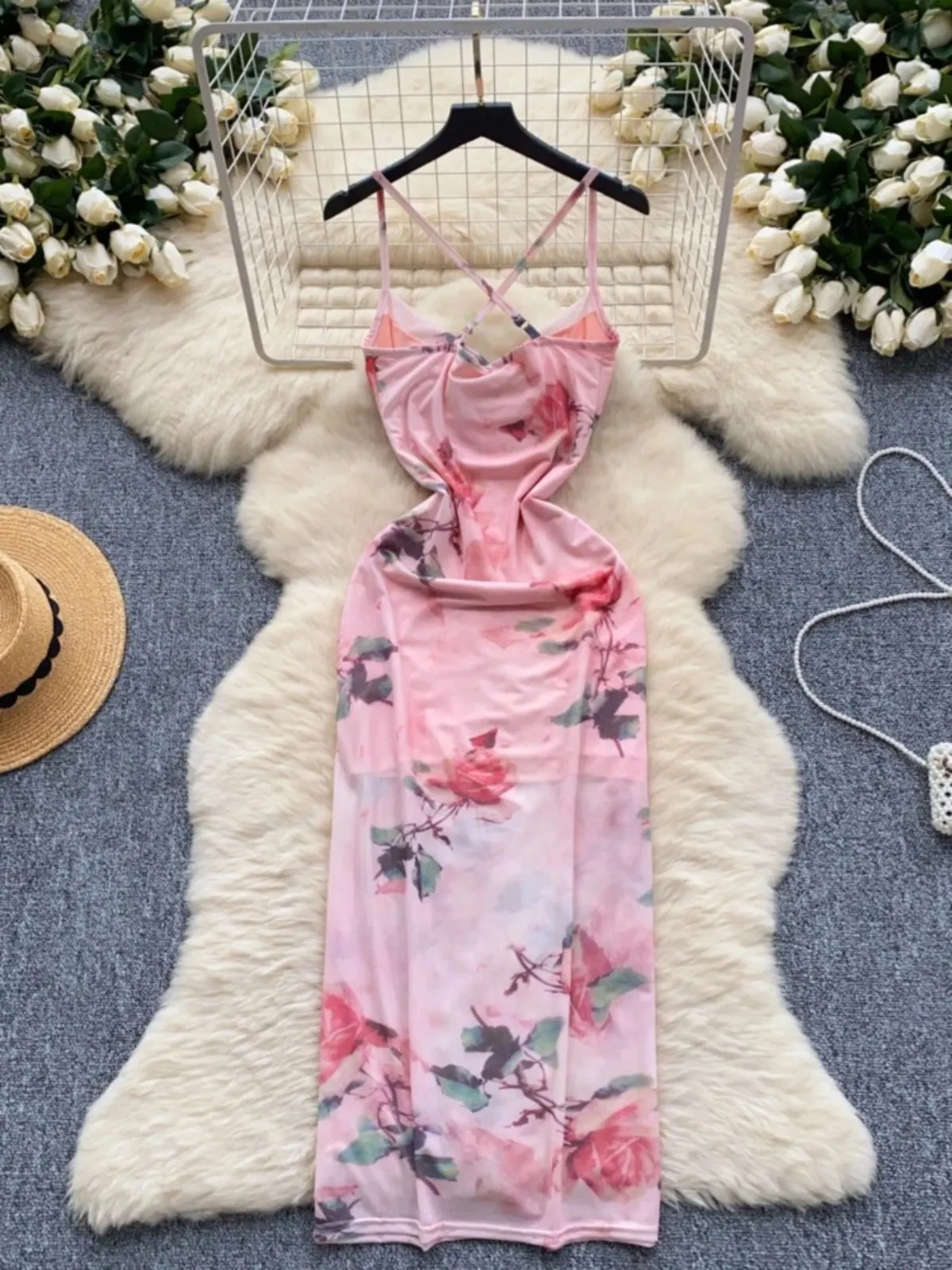 Foamlina 2025 Floral Print Mesh Long Dress Women Spaghetti Strap Hollow Out Ruffled Neck Sleeveless Bodycon Maxi Summer Wear