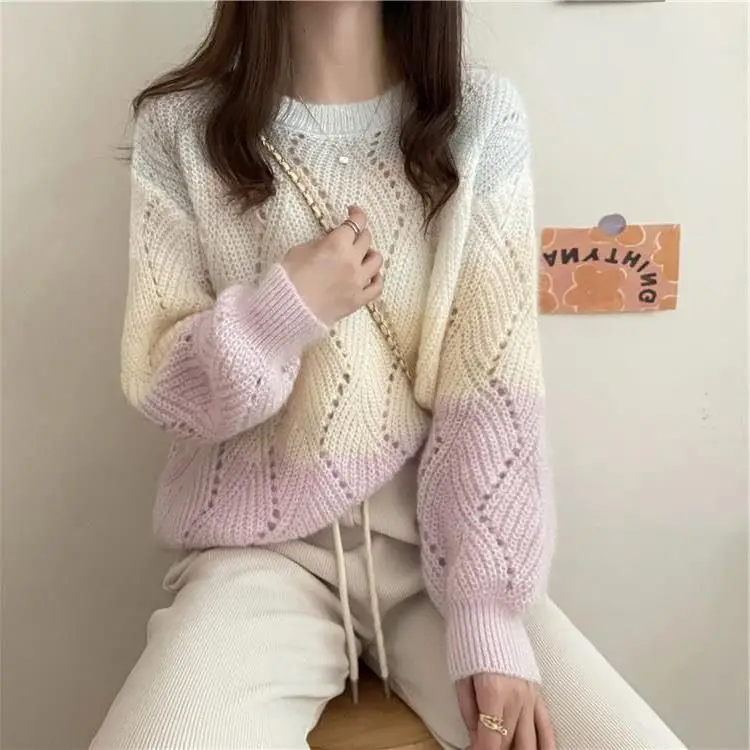 Hollow Out Knitting Pullovers Women Autumn Winter Simplicity Loose O-neck Sweater Sweet All-match Office Lady Knitwear Tops