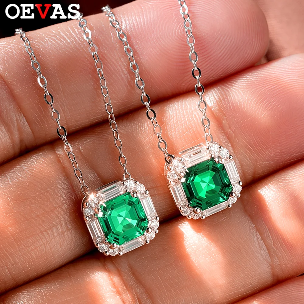 OEVAS 2CT 7*7mm Asscher Cut Lab Grown Colombian/Zambian Emerald Necklace for Women 100% S925 Silver Wedding Fine Jewelry Gifts