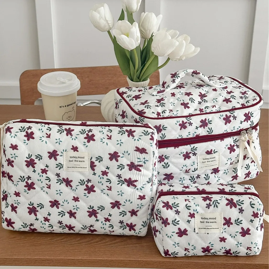 

Red wine color flower corduroy women's makeup bag with lace bow, large capacity, waterproof travel toiletry bag