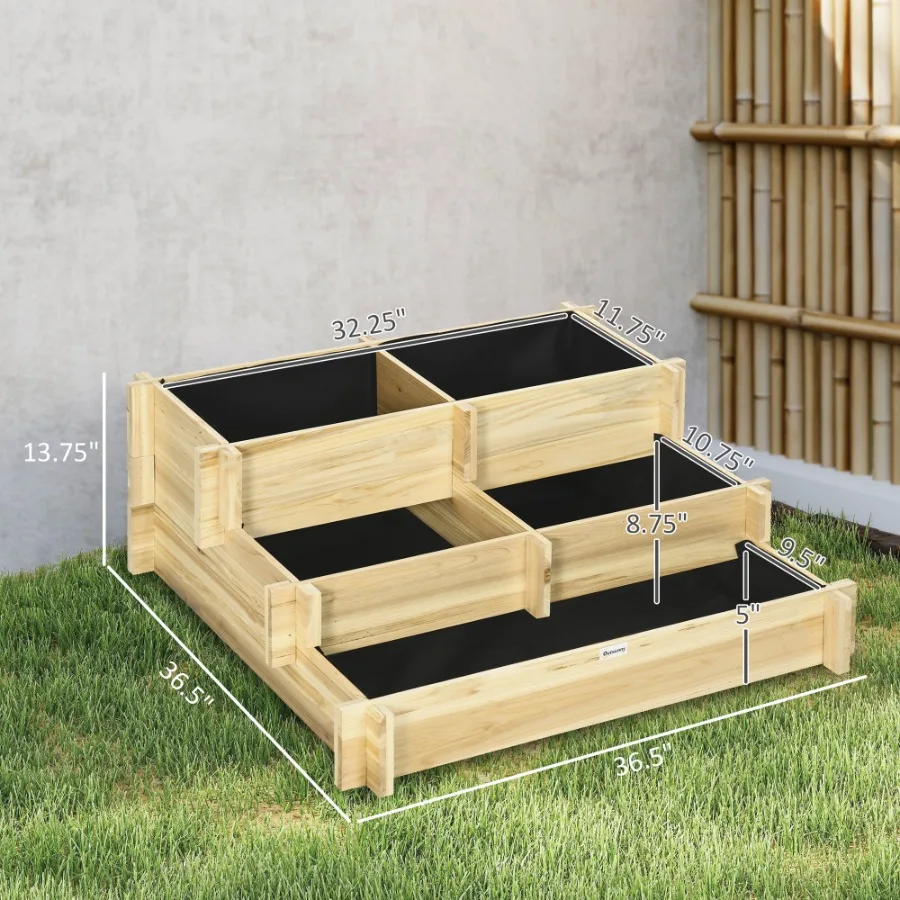 3 Tier Raised Garden Bed, Water Draining Fabric for Soil, Elevated Wood Flower Box for Vegetables, Herbs, Natural