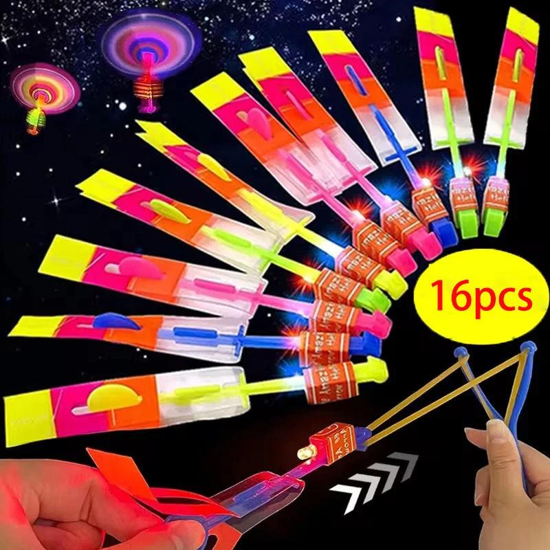 Jouet lumineux magique, fusées, hélicoptères, jouets volants, lumières LED, sports de plein air, fêtes, cadeaux amusants, bandes de caoutchouc, cadeaux de catapulte, 16 pièces