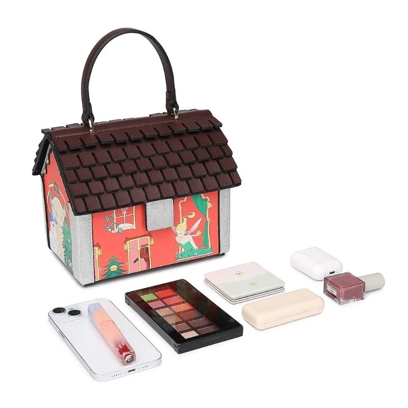 

652F Fun Christmas House Designs Crossbody Bag Handbag for Women and Girls Practical PU Shoulder Bags Satchl Purse
