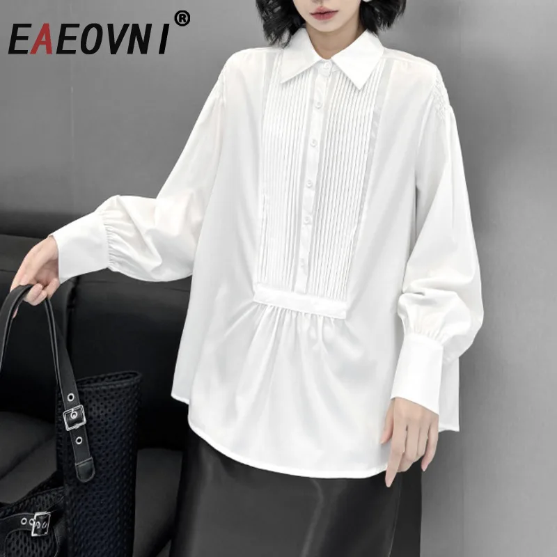 

EAEOVNI Solid Color Pleated Women's Shirt Fashion Long Sleeve Lapel Collar Loose Casual Blouse 2026 Spring New Clothing