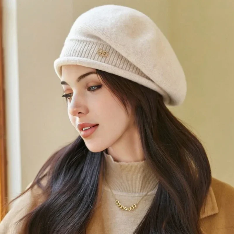 Autumn Winter Simple Premium Feel Sweet Cool Versatile British Painter Style Beret Warm Windproof Mushroom Hat Elegant Cute Cap