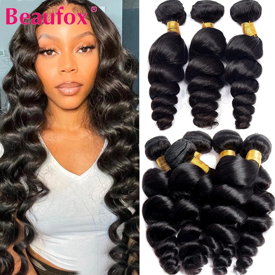 Beaufox Indian Human Hair Weave Bundles 3 Bundles Deal Loose Wave Bundles Natural /Jet Black Color Remy Wavy Hair Extensions