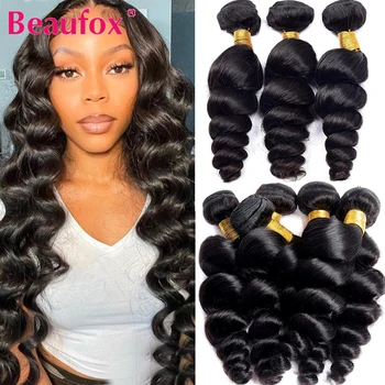 Beaufox-extensiones de cabello humano postizo indio, 3 mechones, mechones de ondas sueltas, Color Natural/negro azabache, extensiones de cabello ondulado Remy