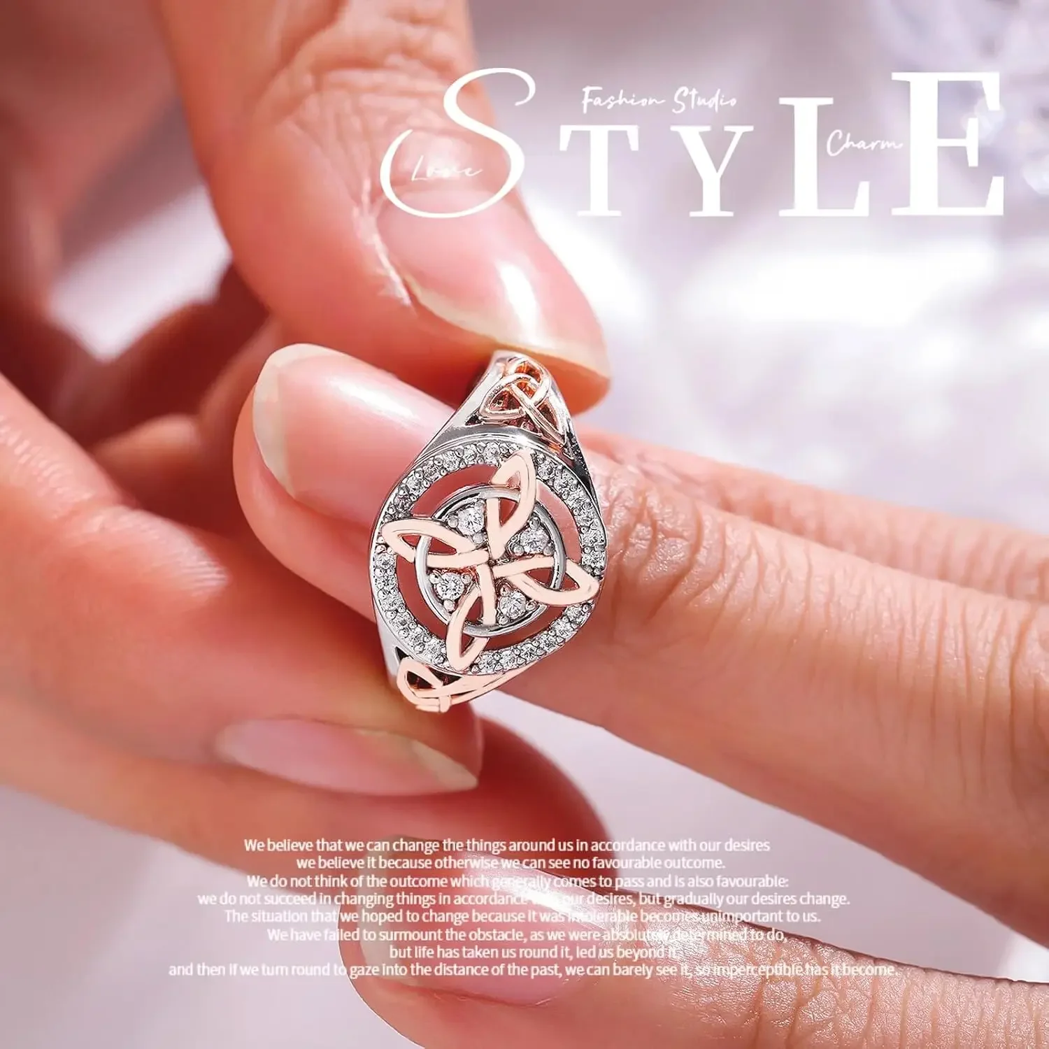 GAUEIOUR Handmade Witch's Return-Knot Protection Ring with Sparkling Cubic Zirconia,Bicolor Ring Blending Fashion Silver & Enchanting Rose Gold,Original Celtic Knot Jewelry Gifts for Women,Size 8