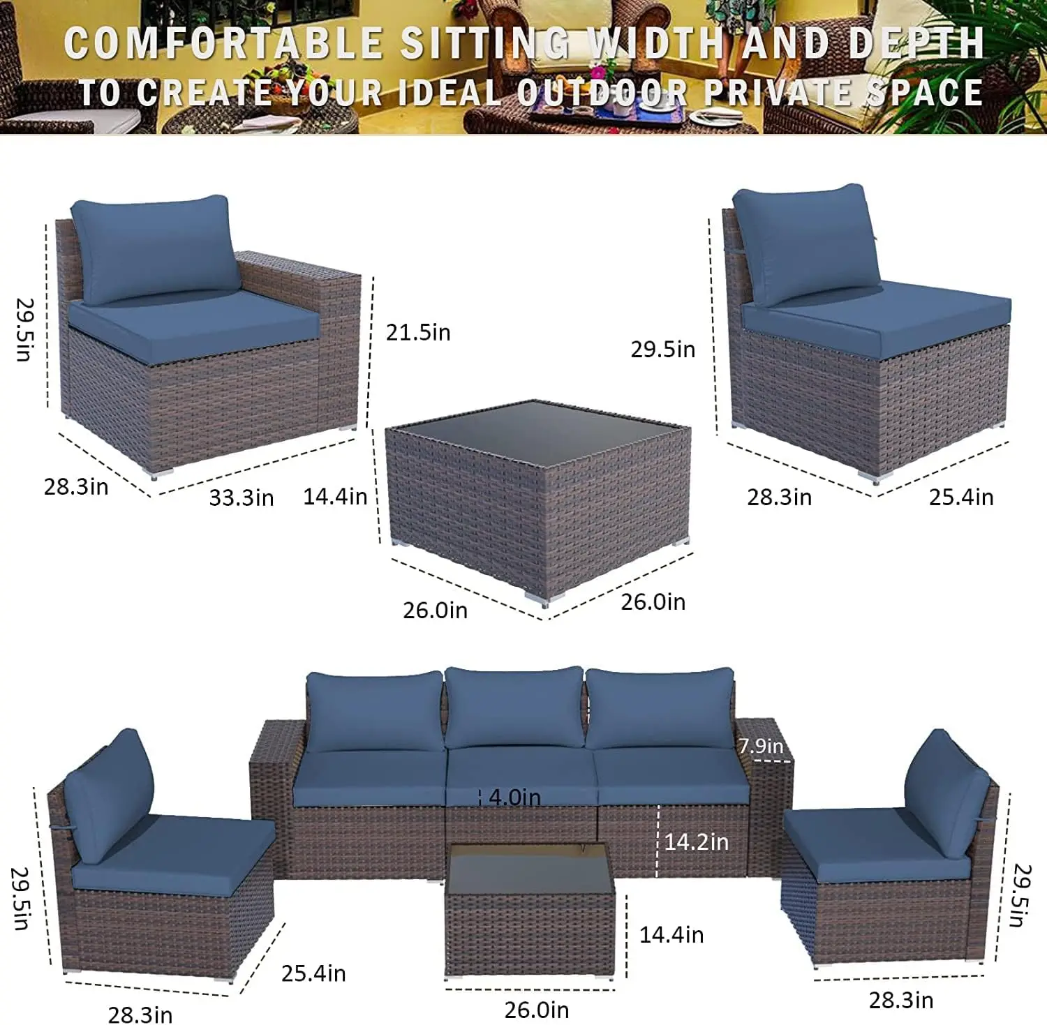 Ensemble de canapés et chaises en rotin PE tous temps, meubles d'extérieur universels, WUNICEF, ensemble de conversation de canapé, 5 bleu marine, 6 pièces