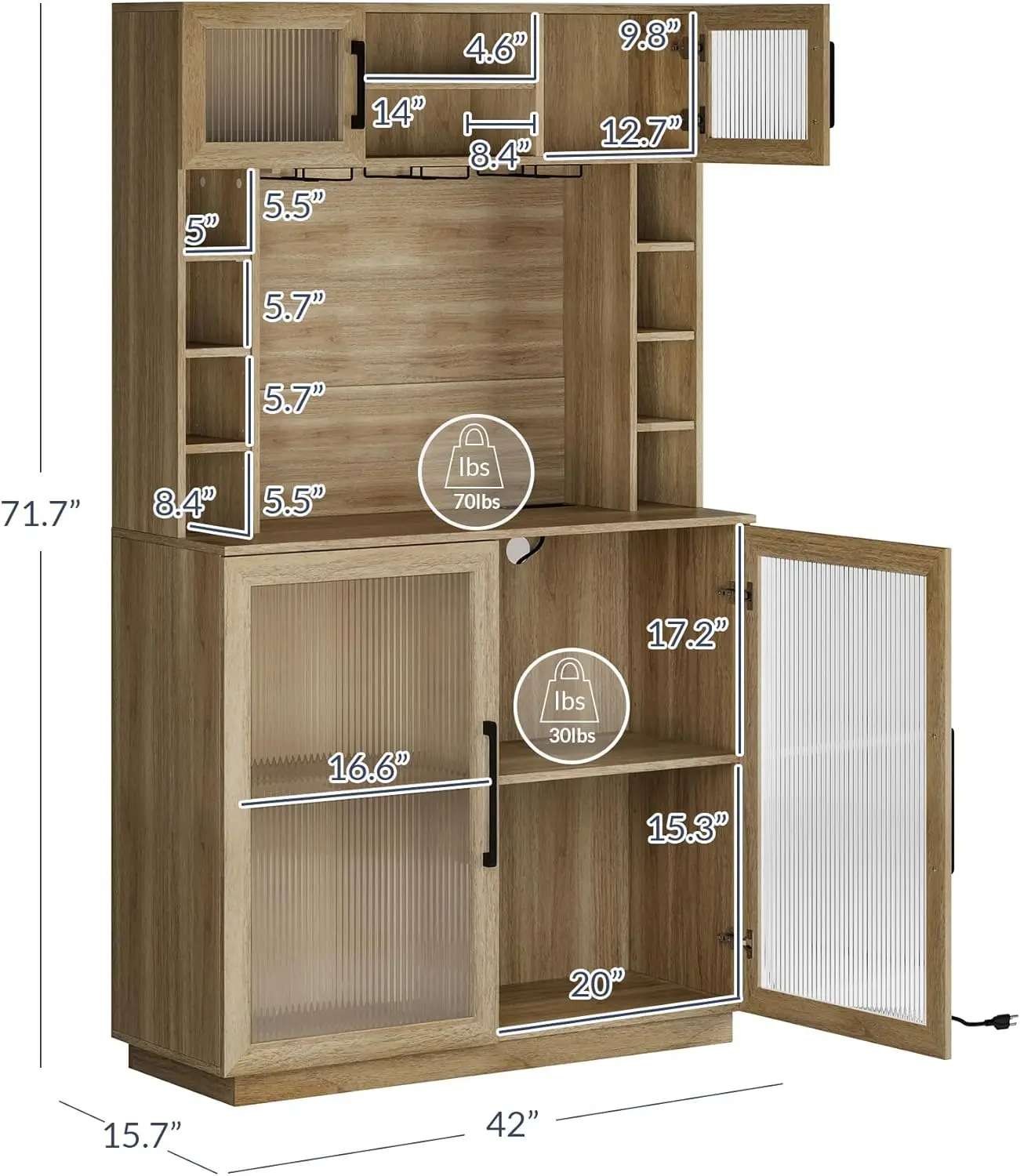 Coffee Wine Bar Cabinet with Power Outlet,  Tall Fluted Buffet Cabinet with Storage Kitchen Pantry Cupboard Wine