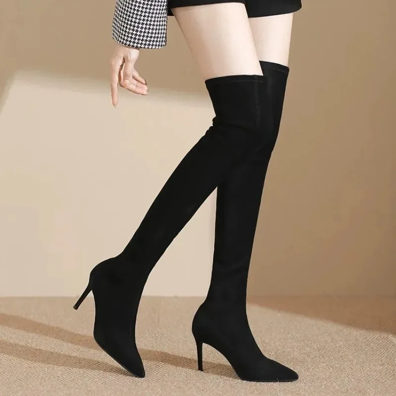 Fall/Winter 2026 New Fleece Pointed Toe Stiletto High Heel Stretch Stockings Boots Women's Over-the-Knee Thigh Boots