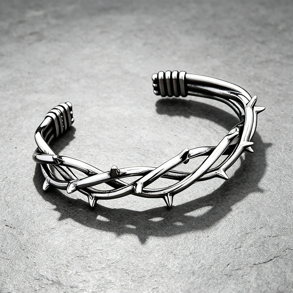 Stainless Steel Twisted Thorn Open Cuff Bracelet Men Women Crown of Thorns Faith Guardian Amulet Jewelry Gift Dropshipping