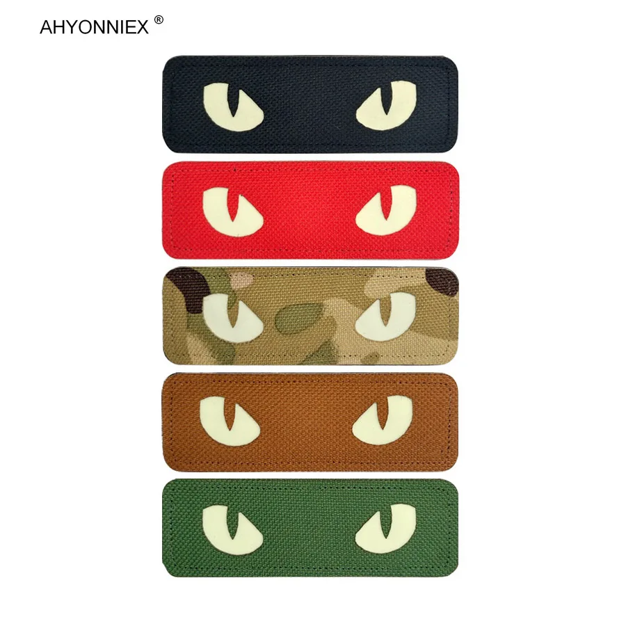 AHYONNIEX 1PC Cat Devil\'s Eye Demon Head Embroidery Patch Military Tactical IR Reflective Morale Badge DIY Clothes Stickers