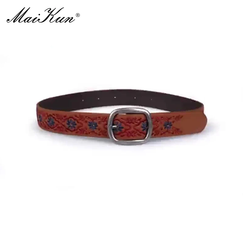 Maikun Vintage Women\'s Ethnic Embroidered Belt Floral Ladies Distressed Design Square Buckle PU Belt