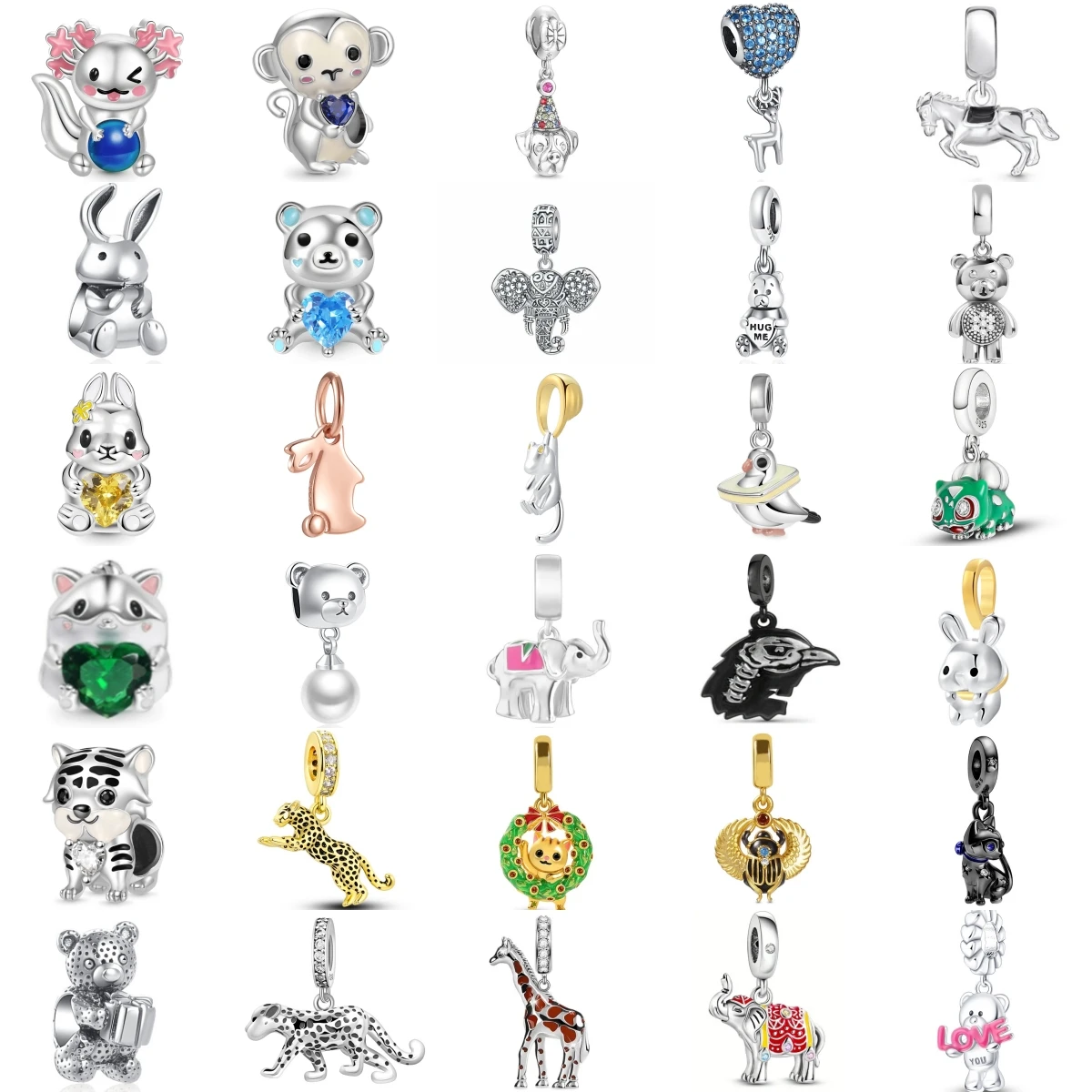 S925 Silver Cute Animal Charms Beads Monkey Rabbit Elephant Tiger Leopard Giraffe Beads for Women DIY Jewelry Gift