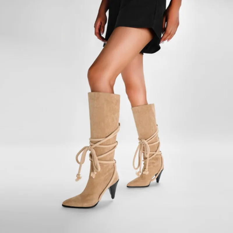 2024 Solid Color Suede Imitation Pointed Knee High Boots 9cm Tapered High Heels Hemp Rope Tie Design Long Boots 35-45 Shoes