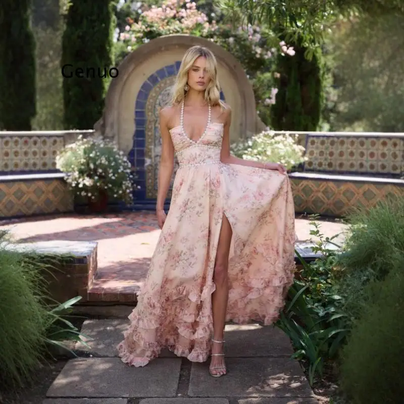 Vestido elegante de verano para mujer, vestido con cuello colgante de perlas y temperamento, estampado de flores bohemias, corte ajustado, vestido largo con abertura Sexy para vacaciones