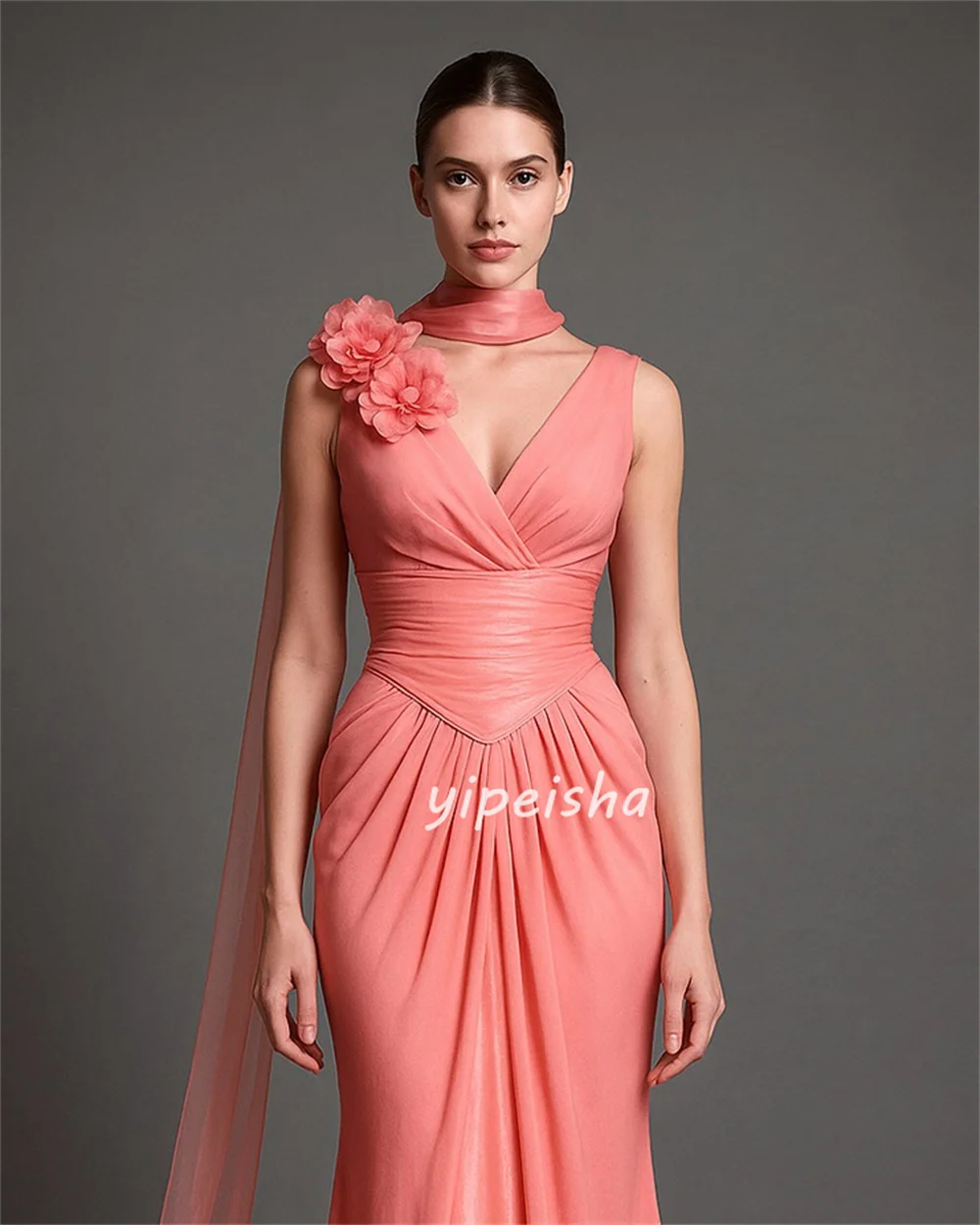 มีขนาดที่กำหนดเองให้เลือก ชุดเดรสยาวคอวีนางเงือกจับจีบดอกไม้แฮนด์เมดที่สวยงาม ชุดเดรสโอกาสสั่งทำพิเศษ ชุดทางการที่หรูหรา