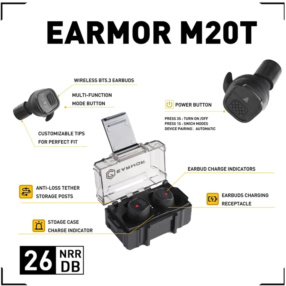 Earmor M20T BT5.3 Tactical Headset Electronic Anti-noise Earplugs Noise-cancelling for Shooting Hearing Protection