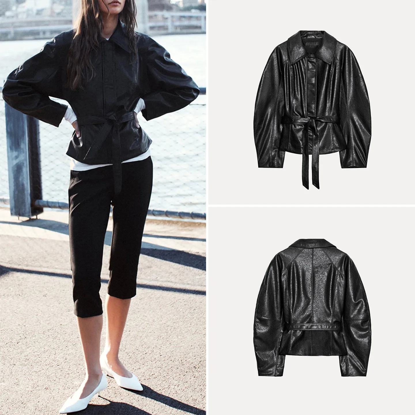 Women's Long Sleeve Collared Belted Leather Jacket Coat Autumn 2026 Fashion Waist-Cinching Outerwear with Belt ZADATA