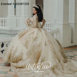 EVLAST Customized Champagne Quinceanera Dress Ball Gown Gold Lace Applique Beading Pearls Sweet 16 Vestido De 15 Anos TQD903