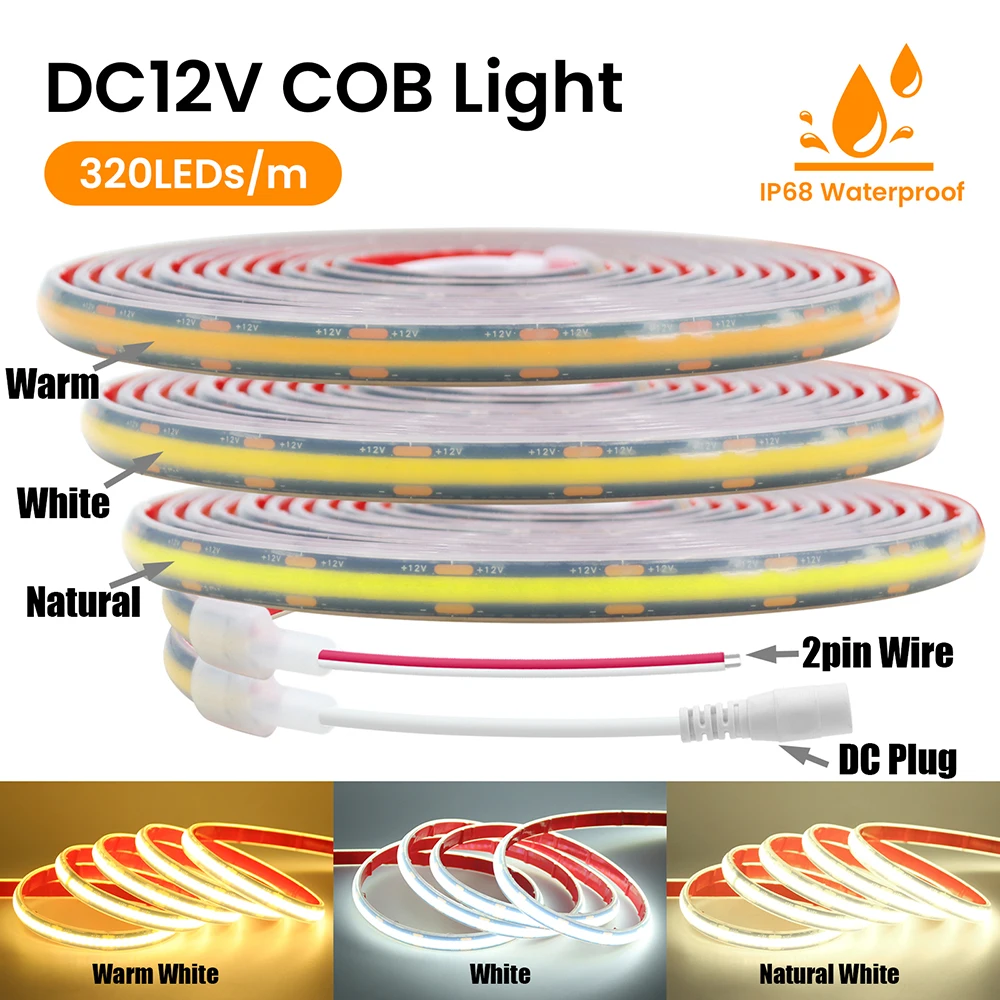 IP68 Waterproof 12V 24V COB LED Strip Black PCB 3000K 4000K 6000K RA90 320LEDs/m Tape Light for Bathroom Garden Pool Lighting