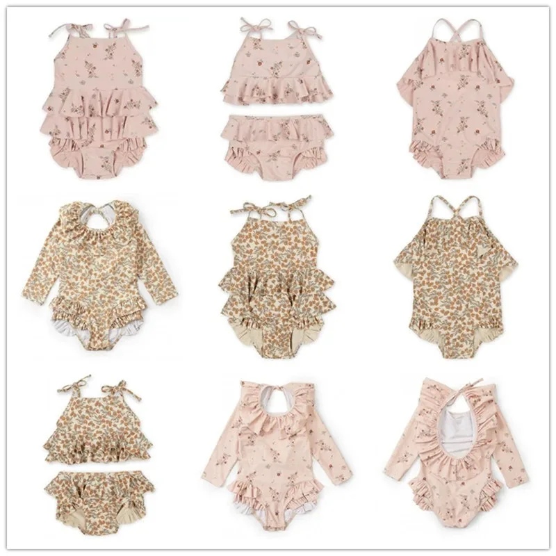 

Girls' Swimsuit 26 Summer New Floral Fashion Long Sleeved Sunscreen Children's One-piece Swimsuit Cotton Quick Drying Beachwear