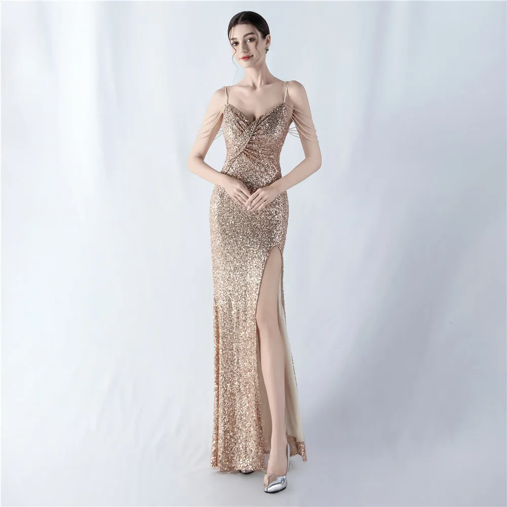 Sladuo Women's Elegant Sexy V Neck Sequin Formal Evening Maxi Dress Mermaid Long Gown Wedding Party Dresses