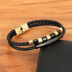 XQNI Braided Black Leather Men Bracelet Fashion Metal Magnetic Clasp Wrap Stainless Steel Bracelets Punk Charm Men Jewelry