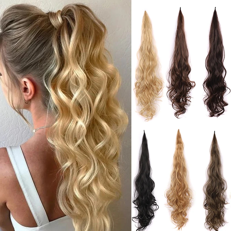 

Long Wave Hair Flexible Wrap Around Ponytail 24 Inch Long Wavy Synthetic Pony Tail Hairpiece for Women Fake Pony Tail Blonde