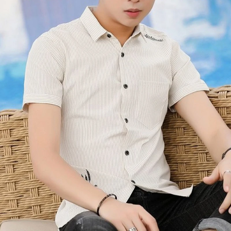 Mens Lapel Collar Vertical Stripe Small Embroidery Pocket Slim Fit Short Sleeve Shirt