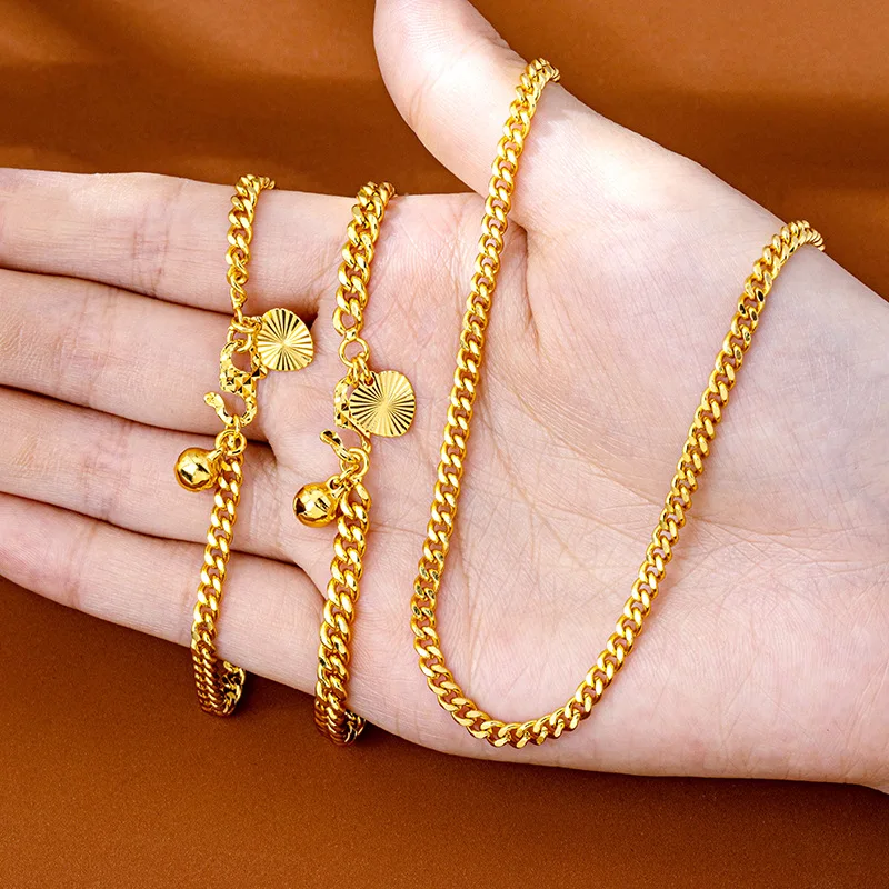 Luxury 24K 9999 Pure Gold real gold Women's interlocking boss chain bracelet anklet set