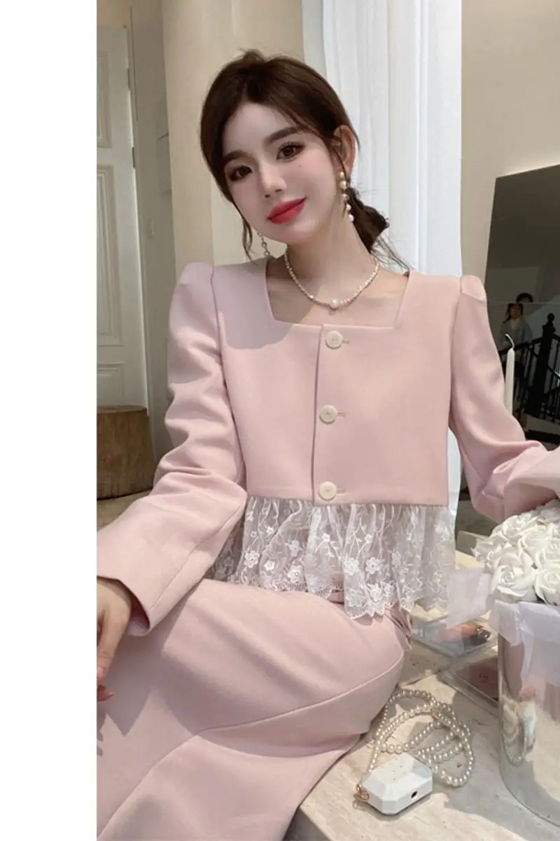 Spring Fall Elegant Temperament Two Pieces Sets Women Square Collar  Lace Patchwork Top+Hight Waist Midi Skirts Suit