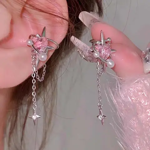 1Pcs Pink Crystal Heart Star Tassel Ear Clip Earrings for Women Vintage Non Piercing Ear Cuff Y2K Jewelry Party Jewelry Gift