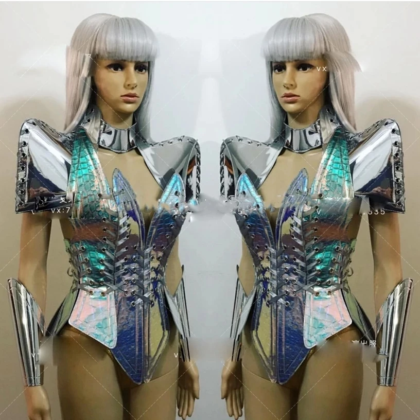 New Future technology Men women space silver metal mirror silver leather costumes nightclub bar gogo female stage costume Set