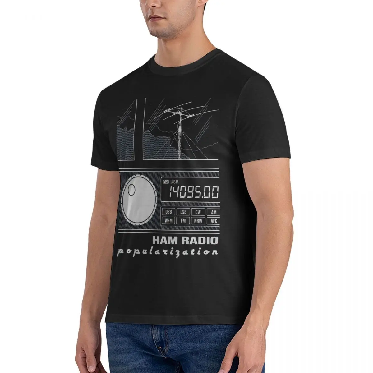 Vintage algodão puro crewneck camiseta masculina, camiseta popular, tops de manga curta, linhas brancas, rádio de presunto, camiseta gráfica