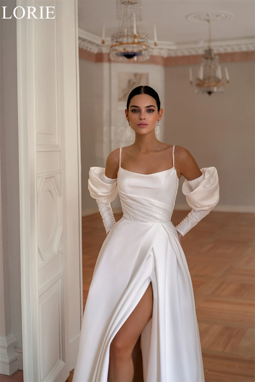 LORIE-Robe de Mariée Trapèze Drapée et Plissée, Tenue de Bal Élégante avec Bretelles Spaghetti et Fente Latérale, pour les Patients, Quelle que soit la Personnalisée, 2025