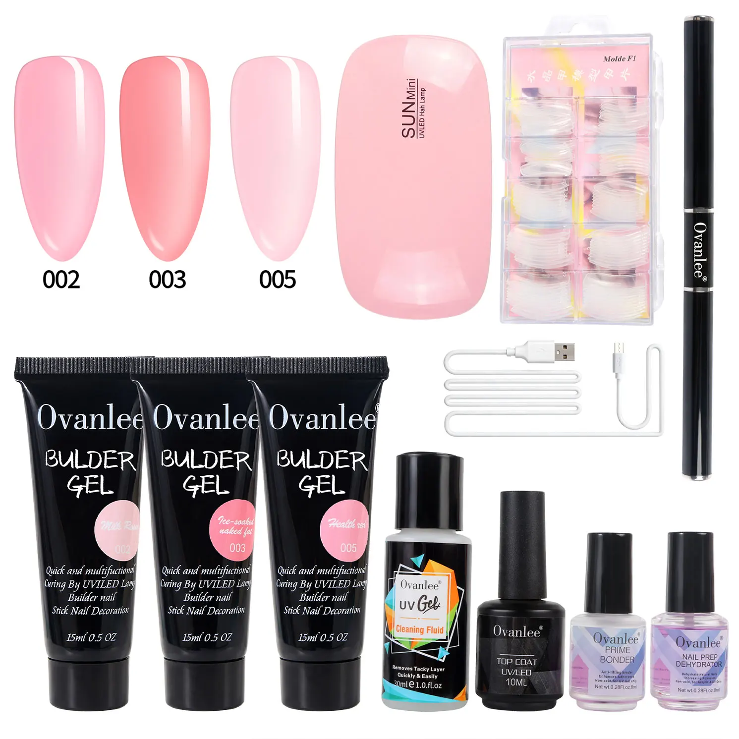 Ovanlee 3-Color Poly Gel Nail Extension Kit – Form-Free 15ml Builder Gel with Mini UV/LED Lamp, Full Liquid Set & Nail Tips for 28+ Days Long Lasting Shiny Manicure