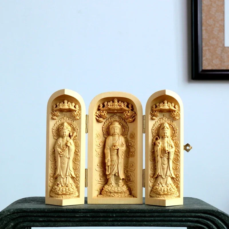 

Cypress Wood PortableBuddha Niches,Hand Carved Buddha Statues,Western 3 Saints Carvings, 3 Box Opening Carving with Pine-scented