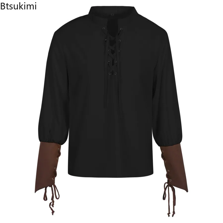2026 Men's Medieval Renaissance Shirt Tops Lace-Up Vintage Steampunk Pirate Shirt Long Sleeves Viking Top Costume for Men Shirts