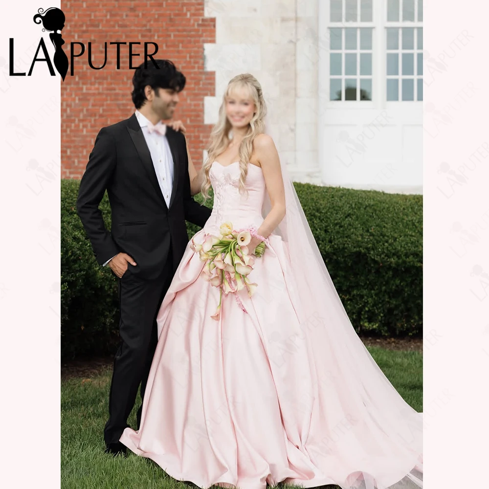 Pink Satin Wedding Dresses Puffy A line Embroidery Lace Corset Bodice Strapless Neck Simple Pink Bride Wedding Gown 2026